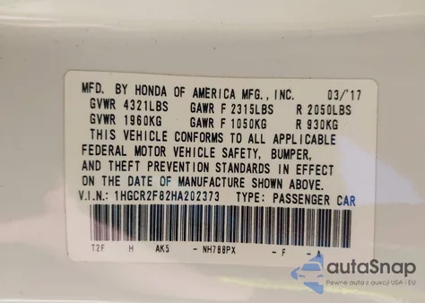 2017 Honda Accord Ex-L from USA, damaged, VIN 1HGCR2F82HA202373